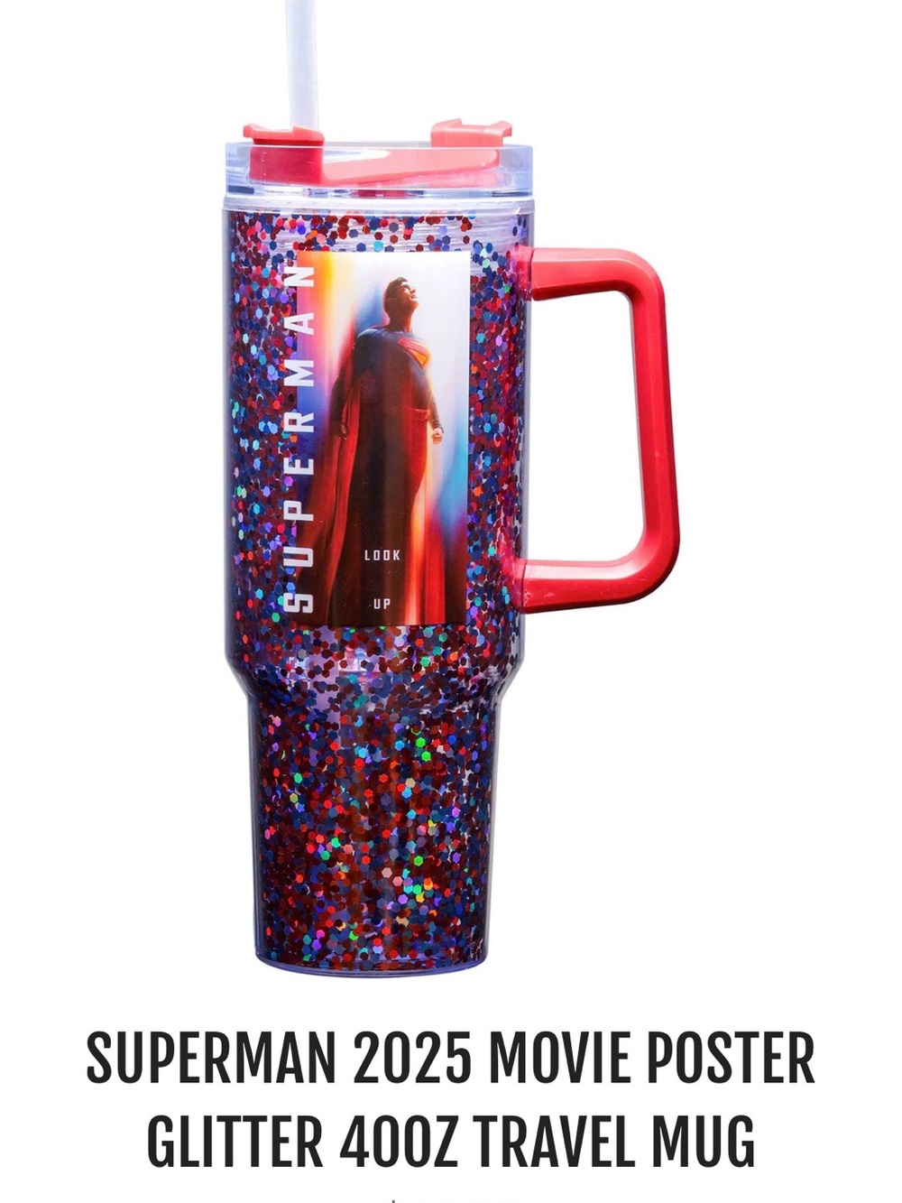 Superman Glitter 40oz Travel Mug - Red Handle